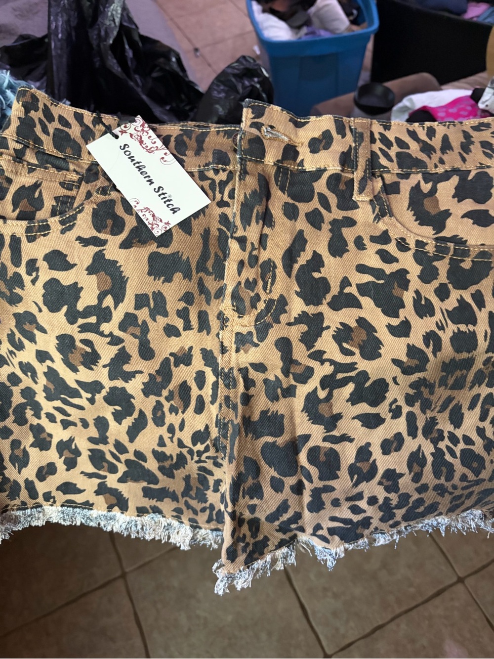 Southern Stitch Leopard Print Frayed Hem Jean Shorts - Tan/Black